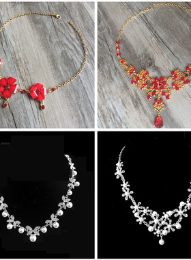 新娘项链饰品水钻珍珠花朵红色白色结婚纱礼服敬酒服配饰婚礼影楼