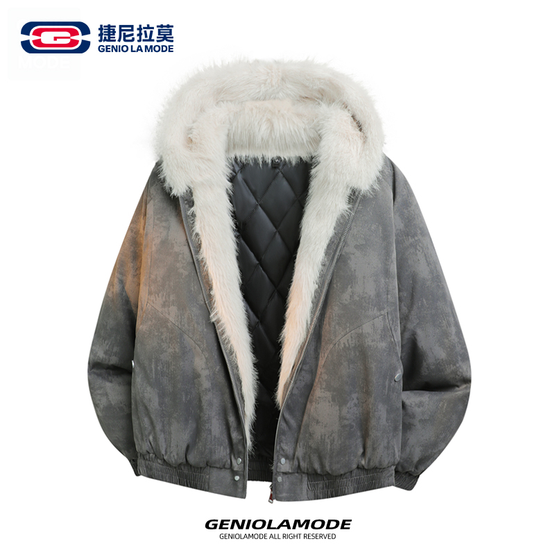 GENIOLAMODE美式复古座山雕棉服男款棉衣秋冬宽松毛领加厚外套男