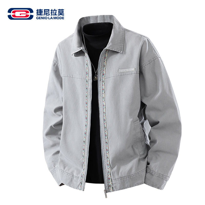 捷尼拉莫设计感翻领夹克男日系织带工装外套男双拉链水洗做旧上衣