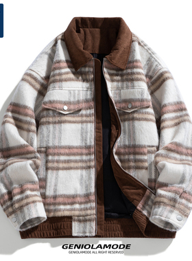 GENIOLAMODE毛呢外套男款冬季小香风格子高级感短款加厚夹克男士