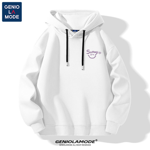 GENIOLAMODE连帽卫衣男款冬季2025新款加绒保暖休闲男士白色帽衫