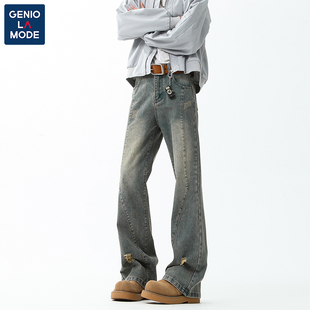 GENIOLAMODE男生牛仔裤潮牌痞帅美式复古弯刀裤cleanfit微喇裤潮