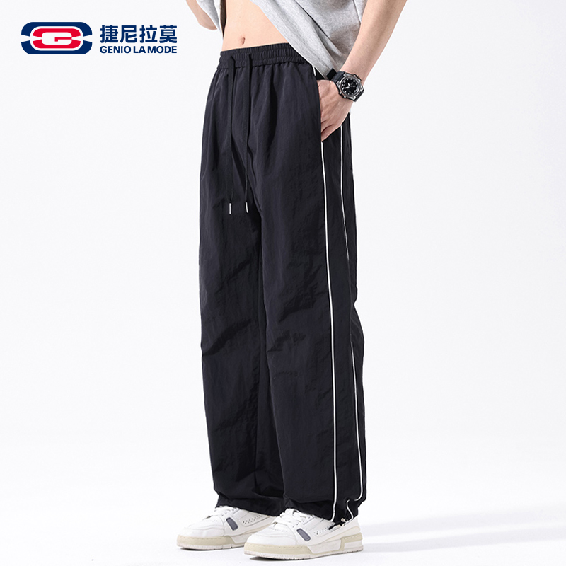 捷尼拉莫运动裤子男款2025新款韩系穿搭宽松束脚裤黑色条纹工装裤