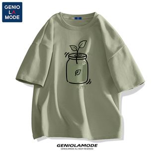捷尼拉莫GENIOLAMODE纯棉短袖男款夏季小众绿色上衣宽松透气半袖