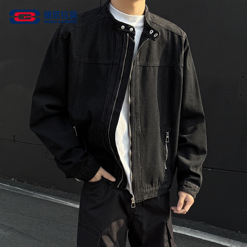 GENIOLAMODE牛仔夹克男款春秋美式解构黑色机车服青少年外套上衣