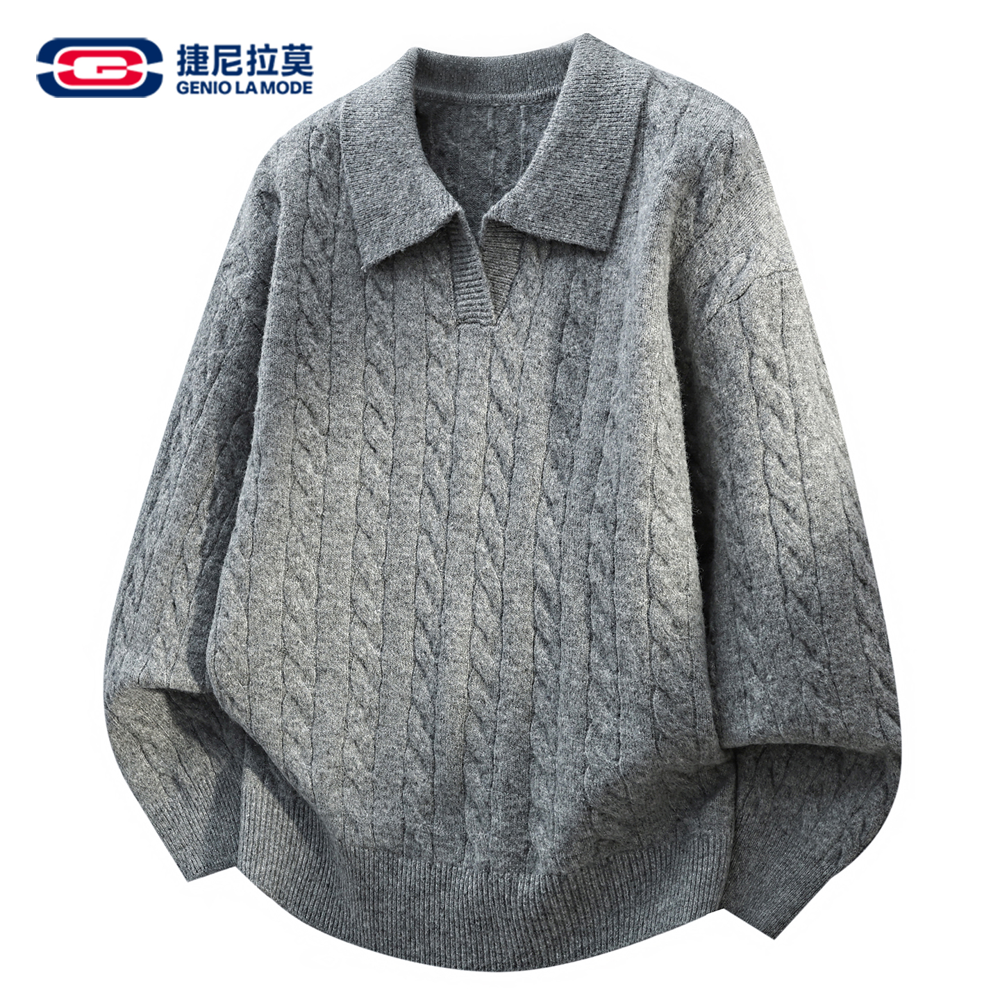 GENIOLAMODE翻领针织衫男复古老钱风麻灰肌理感毛衣秋冬潮款内搭