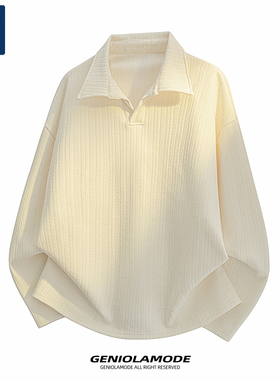 GENIOLAMODE男款polo领卫衣日系慵懒竖纹肌理感重磅翻领秋长袖t恤