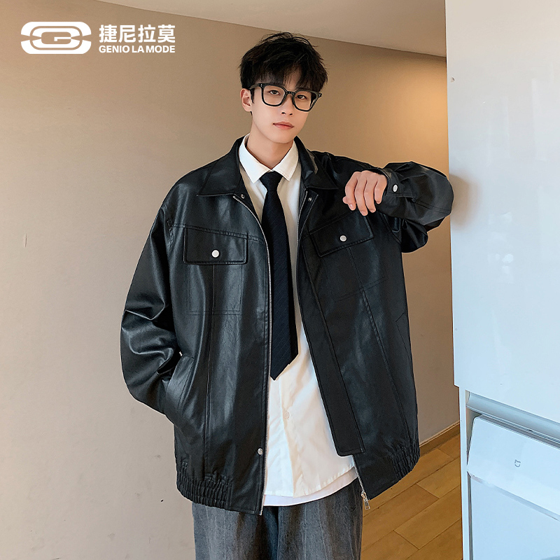 GENIOLAMODE美式黑色皮衣外套男潮牌秋季宽松酷飒翻领机车夹克男