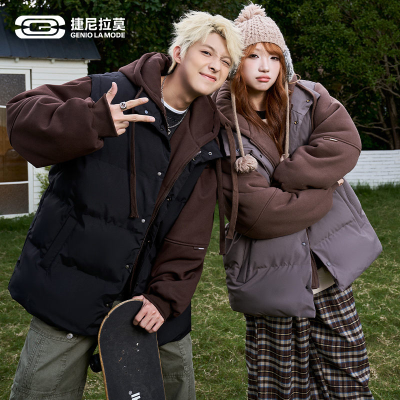 捷尼拉莫假两件马甲连帽棉服男款美式撞色棉衣冬季情侣款加厚棉袄