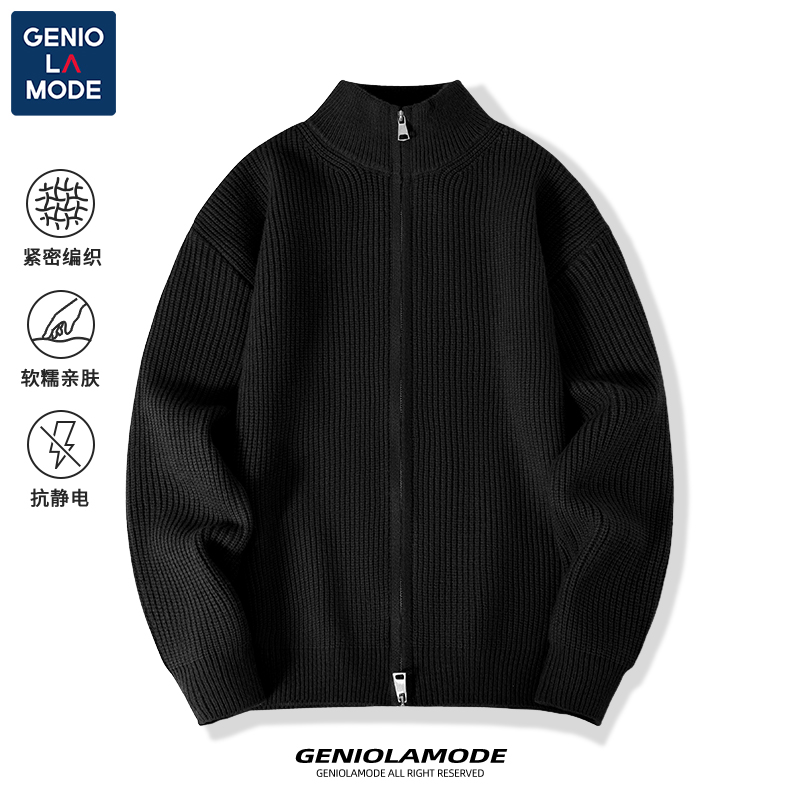 捷尼拉莫GENIOLAMODE黑色针织外套男士春秋季休闲设计感港风开衫