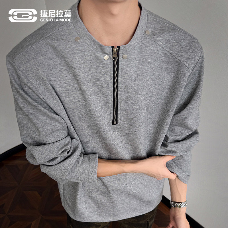 GENIOLAMODE半拉链长袖t恤男款早秋铆钉设计人夫感穿搭宽松套头衫