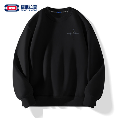 GENIOLAMODE男士圆领卫衣秋冬季宽松无帽加绒上衣黑色高级套头衫