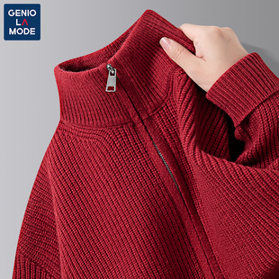 捷尼拉莫GENIOLAMODE男士针织衫春秋2025新款酒红色外穿开衫毛衣