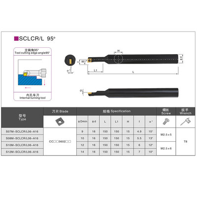 数控车刀杆95度内孔镗刀S07M S08M S10M S12M-SCLCR06-A16大小头