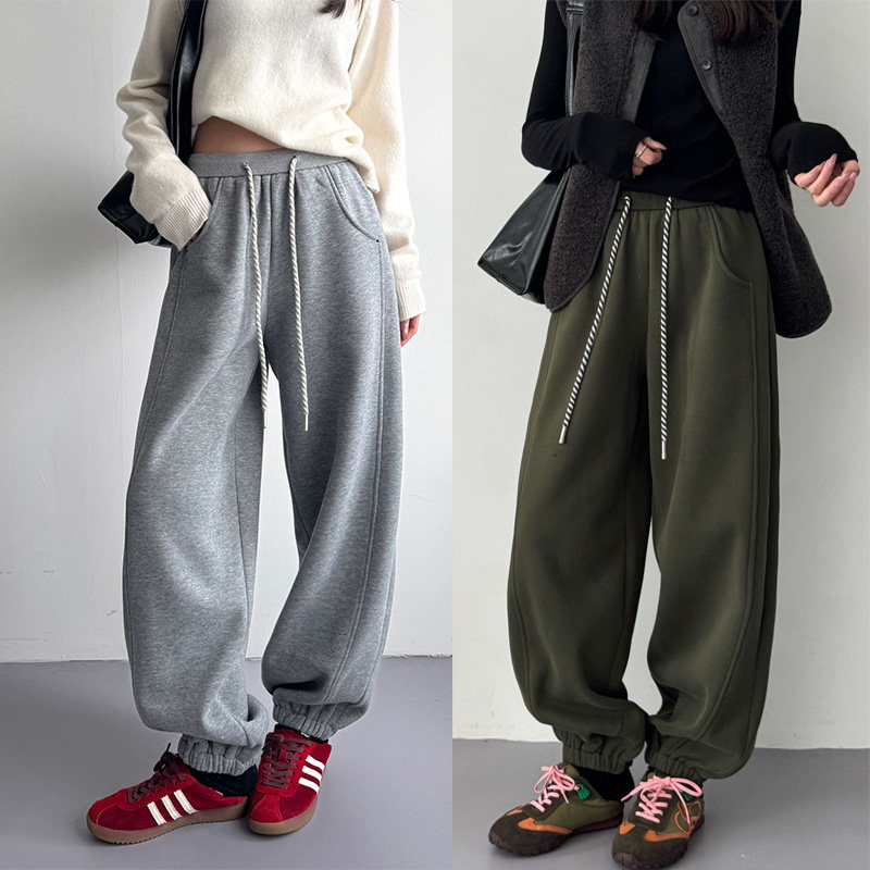 灰色卫裤女2025冬季新款加绒加厚裤子高腰显瘦束脚裤休闲运动裤