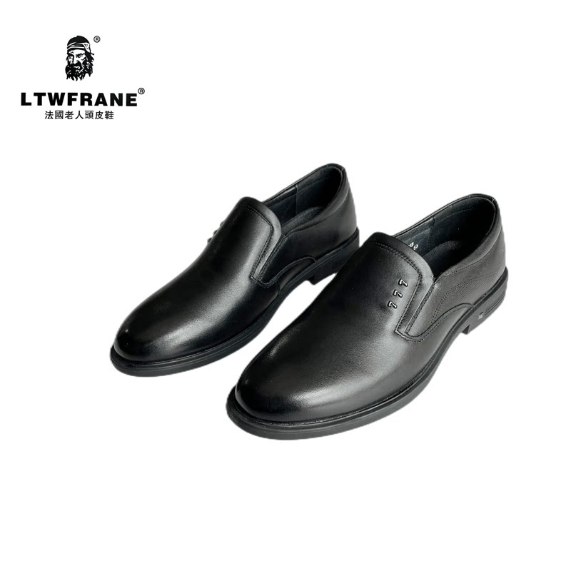 法国老人头2022黑色耐磨平跟商务正装休闲中老年真皮软底套脚尖头