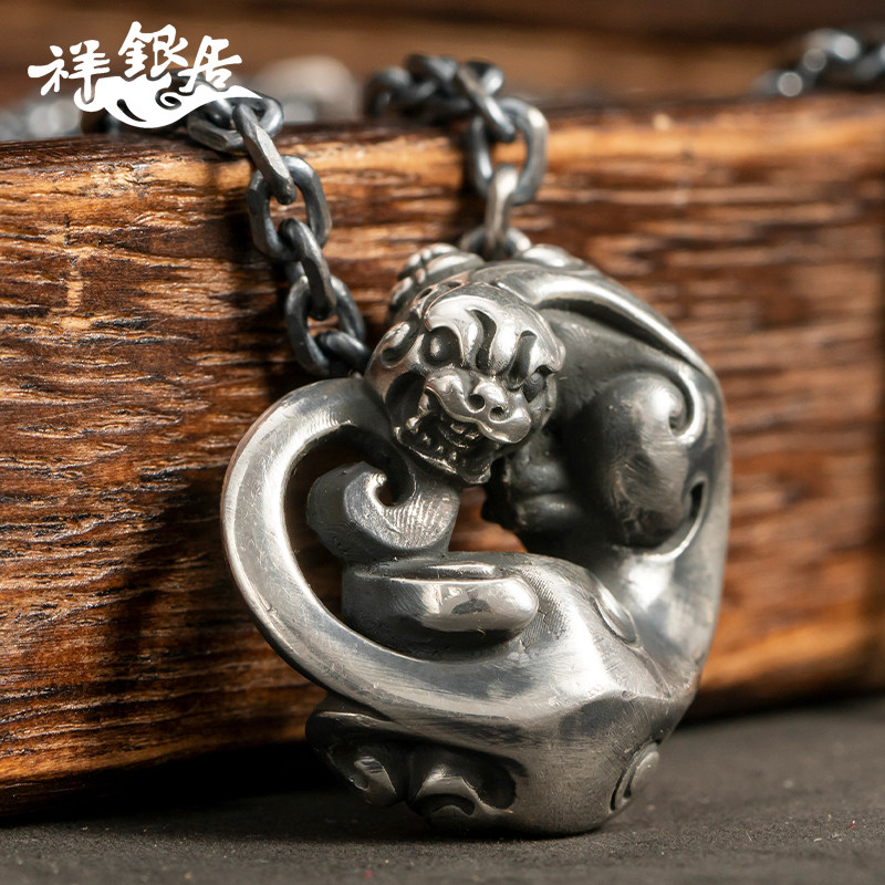 祥银居原创国潮银饰999足银个性手工貔貅银吊坠项链麒麟项链
