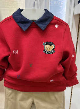 chris童装25秋冬新款男童红色加绒卫衣带领子中大童休闲百搭卫衣