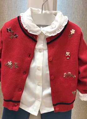 chris童装26春秋新款女童棉毛衣中大童装休闲刺绣针织衫开衫外套