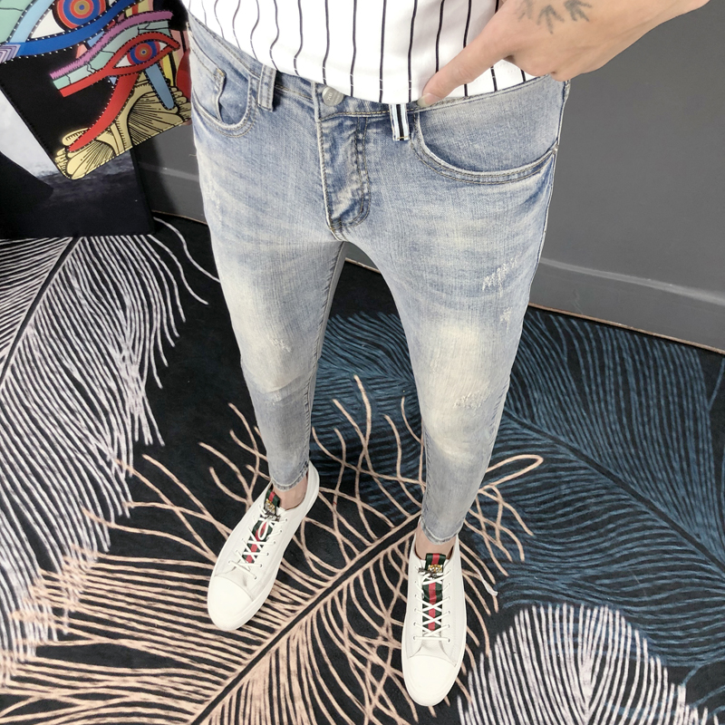 浅蓝色九分牛仔裤男生美式百搭经典修身小脚九分牛仔裤潮牌网红款