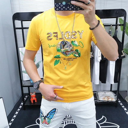 2026夏季新款男士丝光棉凉感修身短袖T恤欧货潮牌刺绣珠片半截袖t