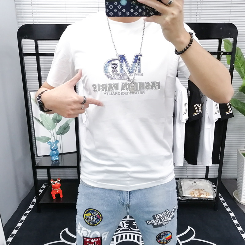 夏天薄款高端丝光棉烫钻短袖T恤男士修身显身材圆领半截袖百搭潮