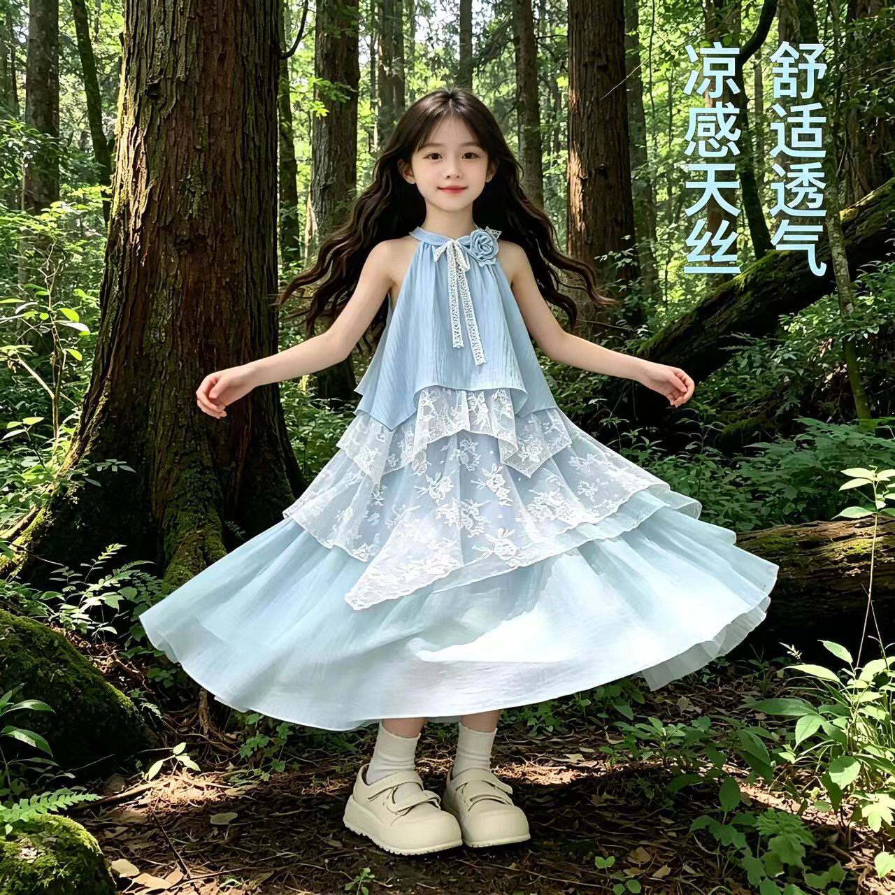 不规则法式挂脖仙女裙夏季甜美风宽松显瘦连衣裙蕾丝拼接两件套裙