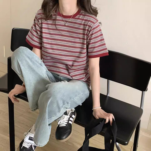 港味复古撞色条纹chic纯棉t恤女