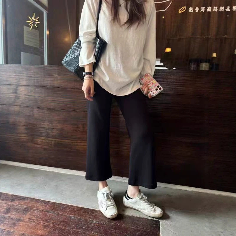 松弛感高腰阔腿裤女夏黑色显瘦休闲九分裤极简风水晶麻八分小黑裤
