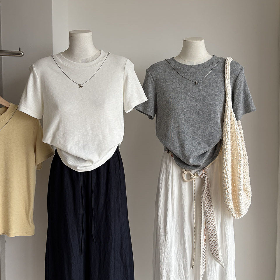 [比正]2026夏季新品 韩版简约圆领链条显瘦休闲百搭短袖T恤女6528