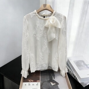 2026新款洋气小衫女春长袖 法式感蝴蝶结刺绣蕾丝上衣衬衫
