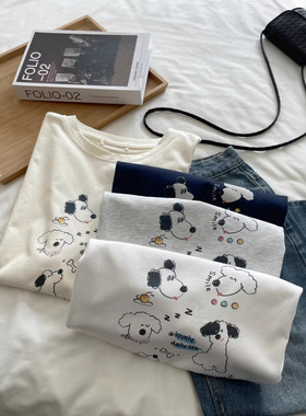 ins短袖t恤美式复古棉新款线条小狗印花潮牌宽松小众上衣半袖6742