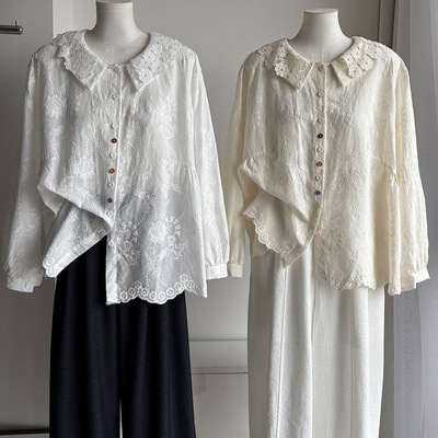 [比正]2026秋季新品 韩系蕾丝娃娃领刺绣衬衫女彩扣宽松上衣7283
