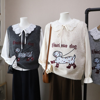 [比正]2025秋冬新款韩版娃娃领衬衫卡通字母针织马甲两件套女5693