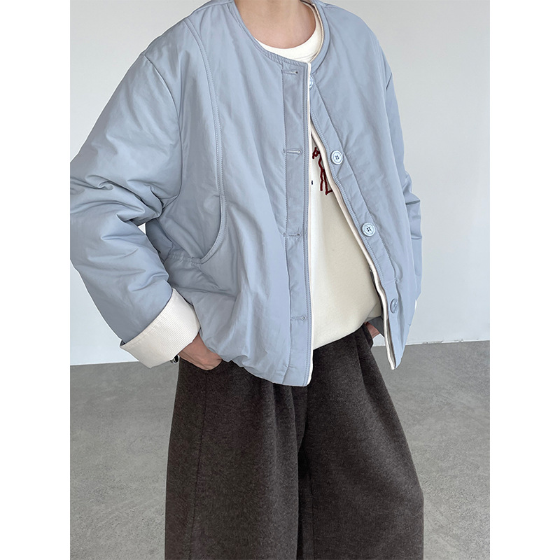 韩系糖果色单排扣拼色棉服外套