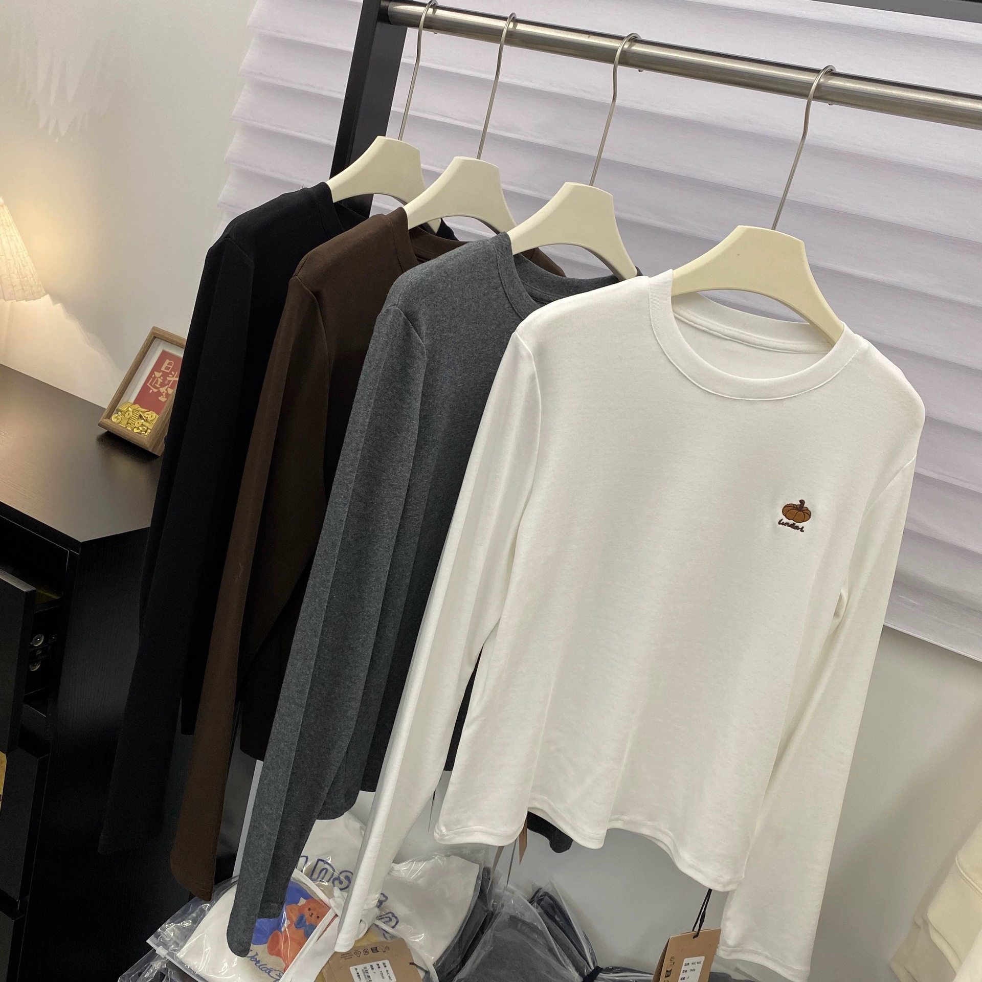 内搭！韩系南瓜刺绣磨毛打底衫女秋冬新款宽松显瘦圆领长袖t恤