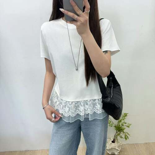 D.W白色圆领蕾丝花边短袖t恤女春夏新款圆领显瘦设计感百搭上衣潮