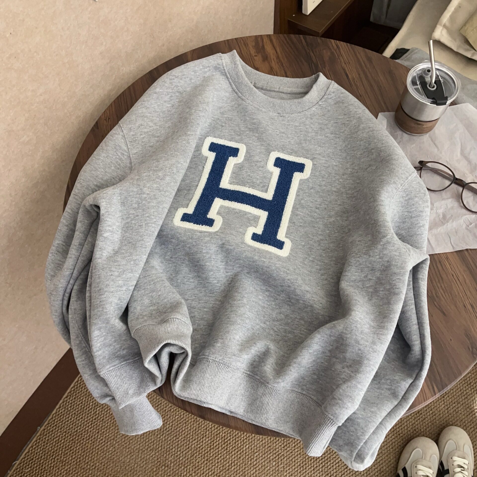 2026春款毛巾绣美式复古字母圆领套头卫衣外套女韩系减龄学生上衣