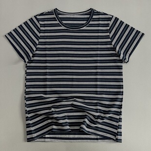 T恤女士圆领宽松百搭休闲风日常上衣tee 新款 复古藏青条纹短袖 夏季