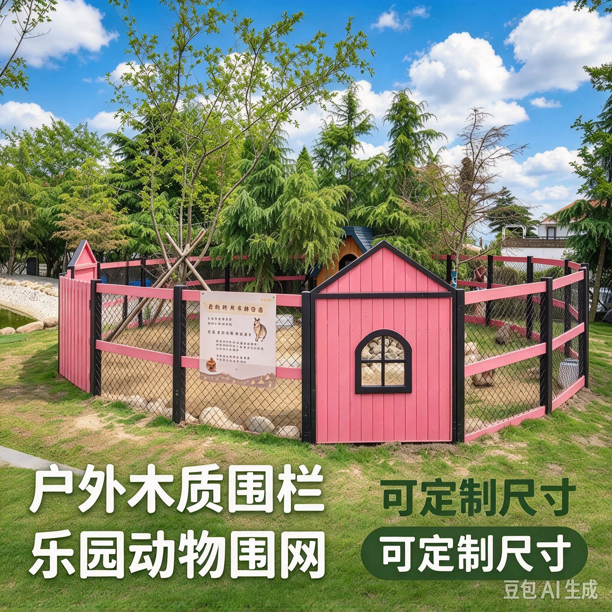 户外木质围栏栅栏宠物围栏木屋花园隔离栏萌宠乐园粉色猪圈围挡