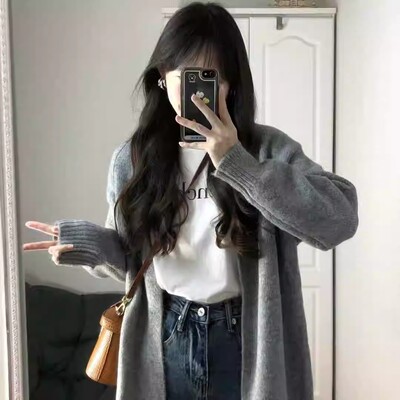 2026春秋季慵懒风过膝中长款针织开衫女宽松软糯温柔纯色毛衣外套