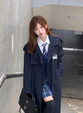 栗子猪黑色风衣外套女秋冬休闲垂感长款大衣JK制服套装韩系学院风