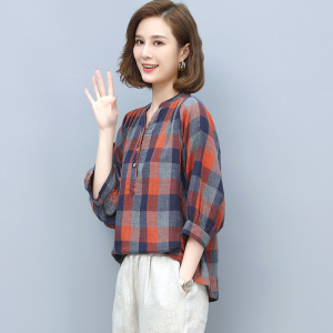 衬衫格子女初秋新款韩版衬衣中袖妈妈遮肚子休闲七分袖上衣图片