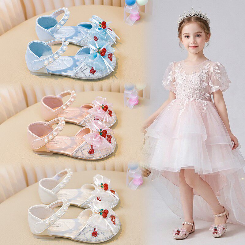 女童公主风包头凉鞋儿童夏季水钻蝴蝶结艾莎水晶鞋小女孩单鞋童鞋