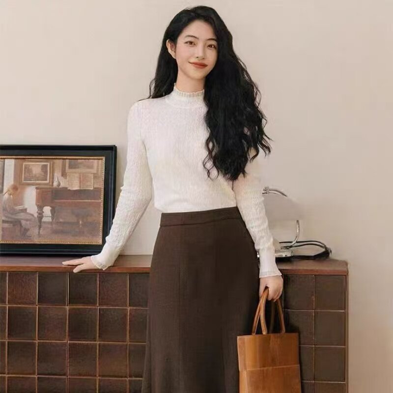 娜家同款女装2025年秋冬季黑白两色内搭打底蕾丝提花针织衫上衣女