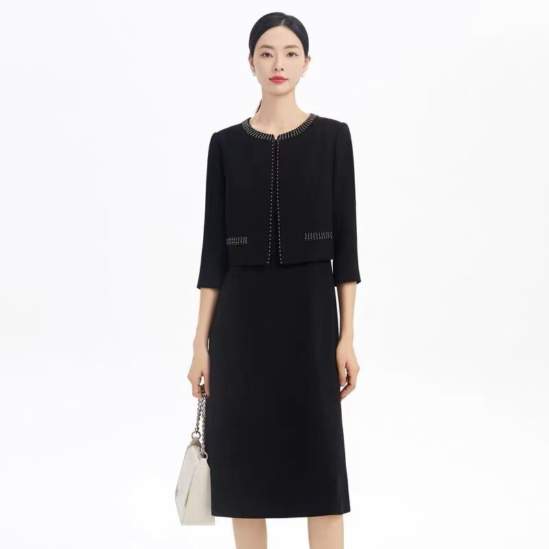 【小香风】娜家同款女装2025年黑色订珠假两件七分袖显瘦连衣裙子