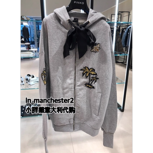 PINKO品高 缎带蝴蝶结刺绣钉珠带帽套头卫衣开衫长款卫衣裙 正品