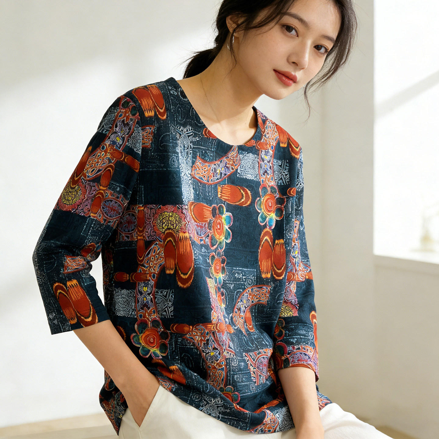 针织真丝七分袖t恤桑蚕丝短袖中老年女装夏季新款时尚休闲花T恤,女装/女士精品,真丝上装,淘宝优惠券,粉丝福利购,淘宝优惠卷