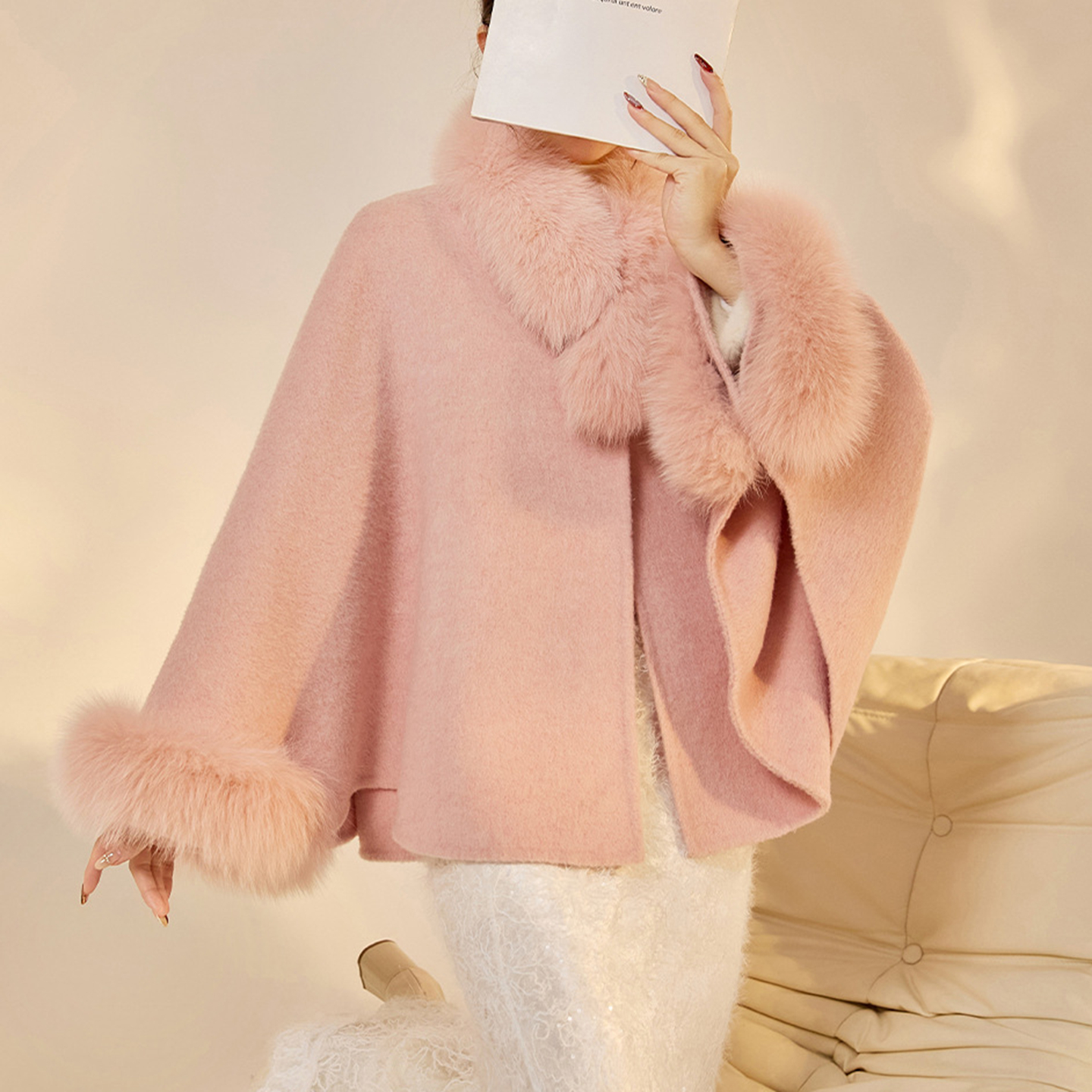 AYOMIS【玫瑰千金】轻奢贵气感狐狸毛毛领斗篷大衣秋冬羊毛呢外套