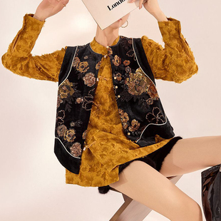 AYOMIS老钱风新中式真丝撞布设计感轻奢黑金珠片刺绣气质马甲上衣